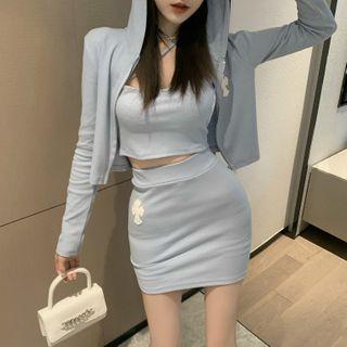 Camisole Top / Fitted Mini Skirt / Cropped Hooded Zip Jacket