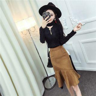 Set: Long-sleeve Mock-neck Velvet Top + Mermaid Fitted Midi Skirt