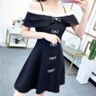 Bow Detail Cold-shoulder Mini A-line Dress