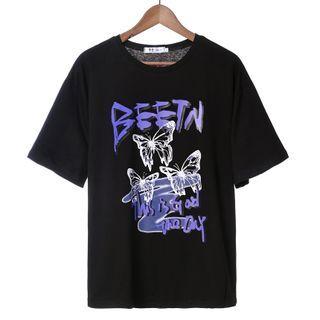 Elbow-sleeve Print T-shirt Black - Xl Size