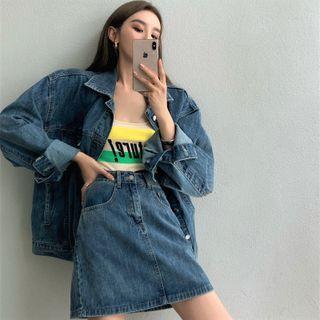 Cargo Denim Blouse / A-line Denim Skirt