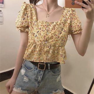 Floral Puff-sleeve Square-neck Cropped Blouse Yellow - One Size