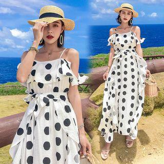 Dotted Cold Shoulder Midi A-line Dress