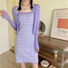 Plain Light Cardigan / Sleeveless Plaid Slim-fit Knit Dress