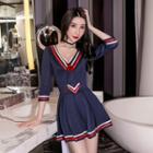 3/4-sleeve V-neck A-line Mini Dress