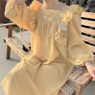 Long-sleeve Ruffle Trim Midi Dress Yellow - One Size