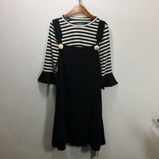 Set: Elbow Sleeve Top + Plain Chiffon Pinafore Dress