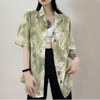 Short Sleeve Flower Print Gradient Shirt