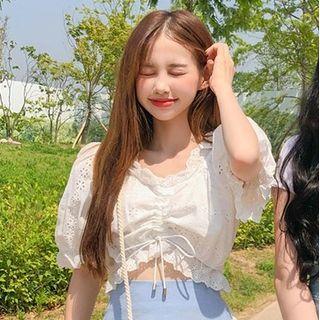 Ruffle Trim Drawstring Cropped Blouse White - One Size