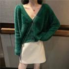 V-neck Furry Cardigan / Faux-leather Mini Skirt
