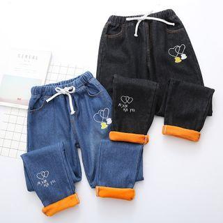 Drawstring-waist Heart Embroidered Straight-cut Jeans