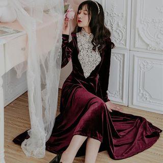 Lace Panel Velvet Long-sleeve Midi A-line Dress