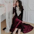 Lace Panel Velvet Long-sleeve Midi A-line Dress