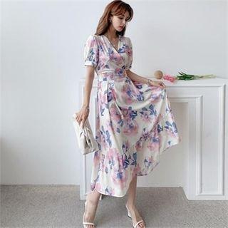 Floral Print Tie-waist Wrap-front Dress Ivory - One Size