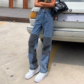 Color Block High-waist Loose-fit Straight Leg Jeans