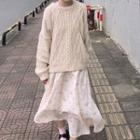 Cable-knit Sweater / Flower Print Maxi A-line Skirt