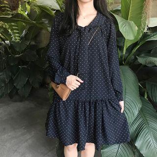 Tie-neck Dotted A-line Dress