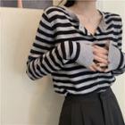 Long-sleeve Striped Button-up Top Black & Gray - One Size