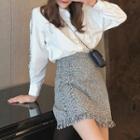 Contrast-trim Shirt / Fringed Mini A-line Tweed Skirt