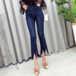 Faux Pearl Distressed Cropped Jeans