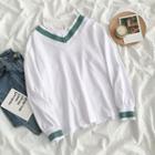 Long-sleeve Contrast Trim T-shirt White - One Size