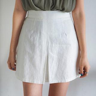 Band-waist Pleated-front Mini Skirt