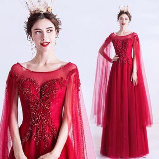 Beaded Long-sleeve A-line Evening Gown