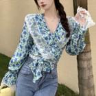 Lace Trim Floral Print Blouse Floral - Blue - One Size