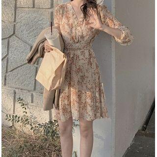 Long-sleeve V-neck Floral Chiffon Dress