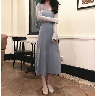 Set: Plain Midi Spaghetti Strap Dress + Light Jacket