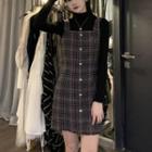 Long-sleeve Top / Plaid Mini A-line Pinafore Dress