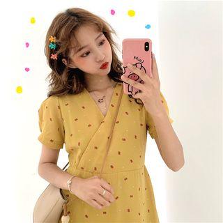 Floral Short-sleeve Slim-fit Dress Yellow - One Size