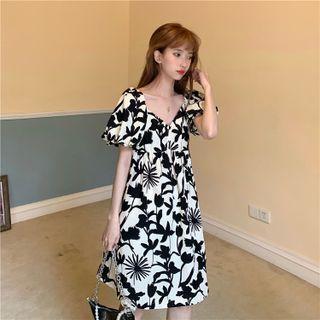 Puff-sleeve V-neck Floral Print Dress Almond - One Size