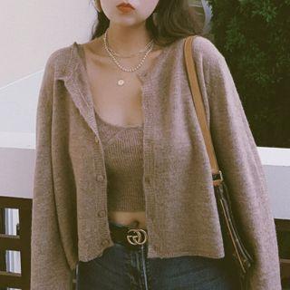 Open Front Plain Cardigan / Cropped Knit Camisole Top