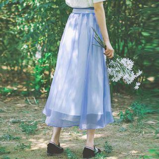 Tie-waist Mesh A-line Midi Skirt