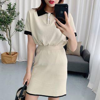 Set: Short-sleeve Knit Polo Shirt + Knit Skirt
