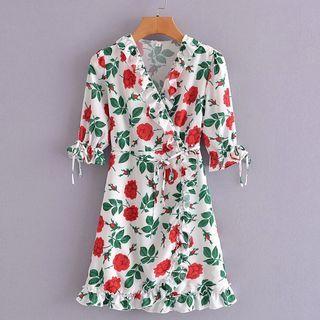 Short-sleeve V-neck Flower Print Mini Dress