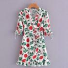 Short-sleeve V-neck Flower Print Mini Dress