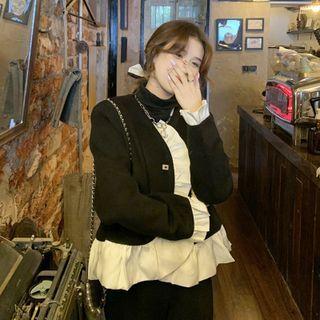 Bell-sleeve Two-tone Jacket Black - One Size