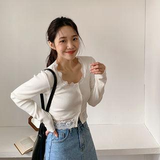 Lace-trim Ribbed Cropped Cardigan