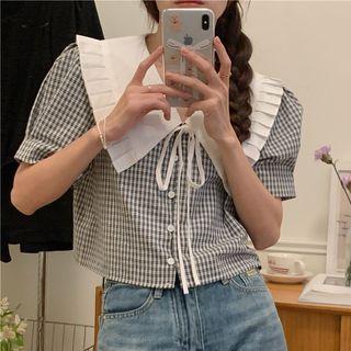 Puff-sleeve Collar Plaid Blouse