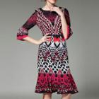 Patterned 3/4-sleeve Midi Sheath Dress