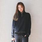 Zipped Crew-neck Long-sleeve Kangaroo-pocket Pullover