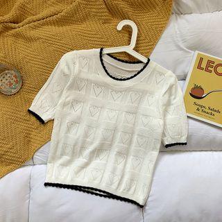 Short-sleeve Pointelle Knit Top As Shown In Figure - One Size