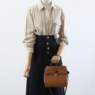 Denim Midi A-line Skirt / Striped Shirt