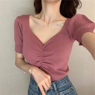 Short-sleeve Ruffled Plain Knit Top
