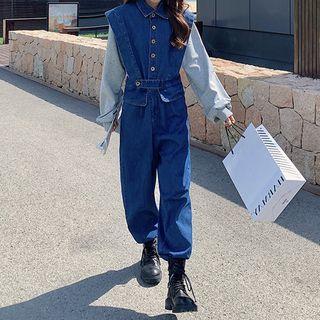 Long-sleeve Mock Two-pice Denim Jumpsuit