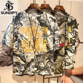 Elbow-sleeve Printed Letter T-shirt