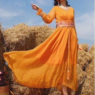 Set: Long-sleeve V-neck Embroidered Midi A-line Dress + Scarf