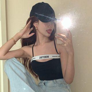 Spaghetti Strap Letter Tape Top Black - One Size